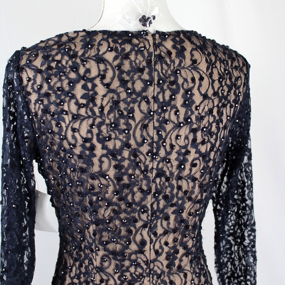 New Navy Long Lace Beaded Dress Long Sleeve - Picture 7 of 11